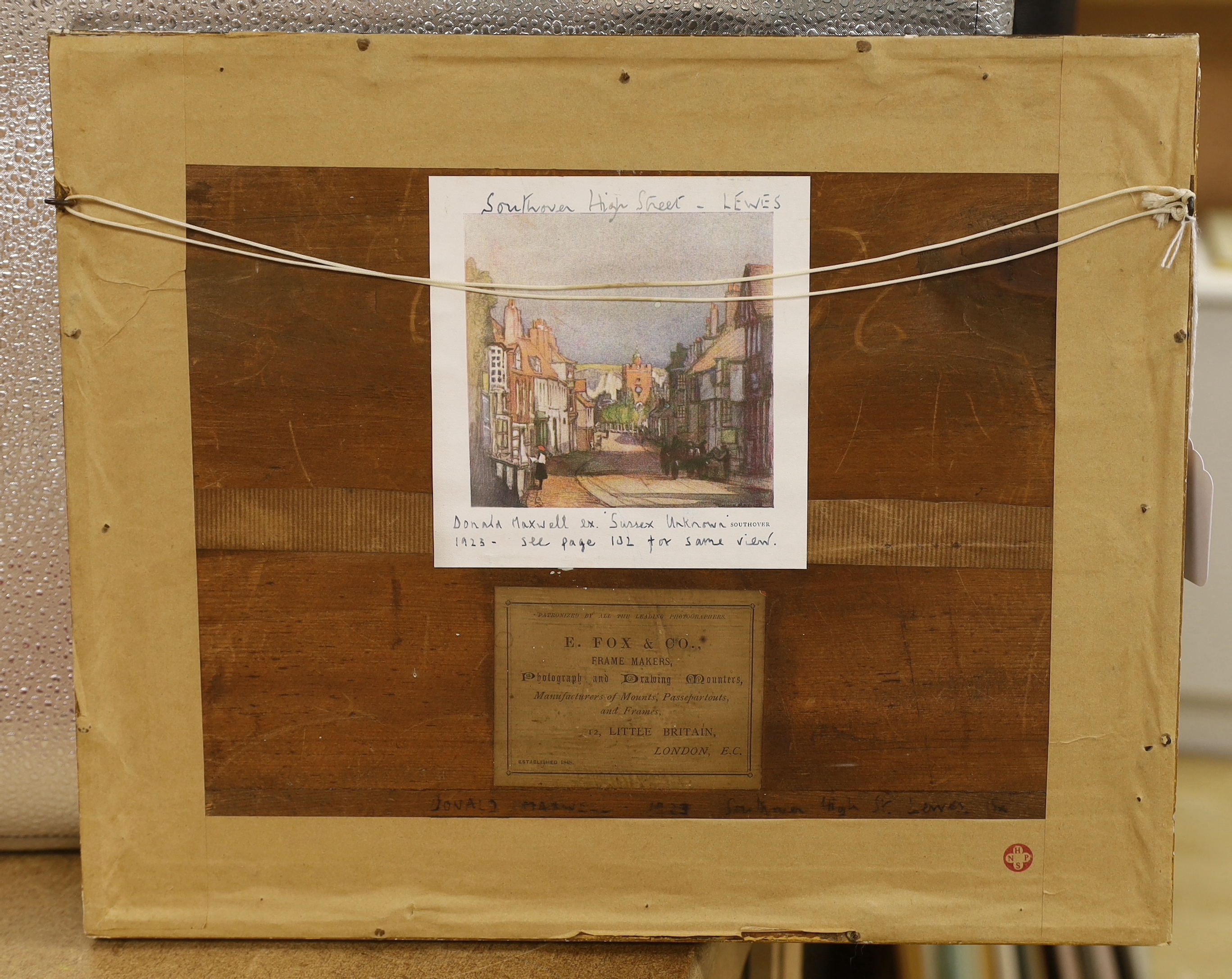 Donald Maxwell (b.1877) local interest watercolour, Lewes street scene, label verso, 30 x 20cm